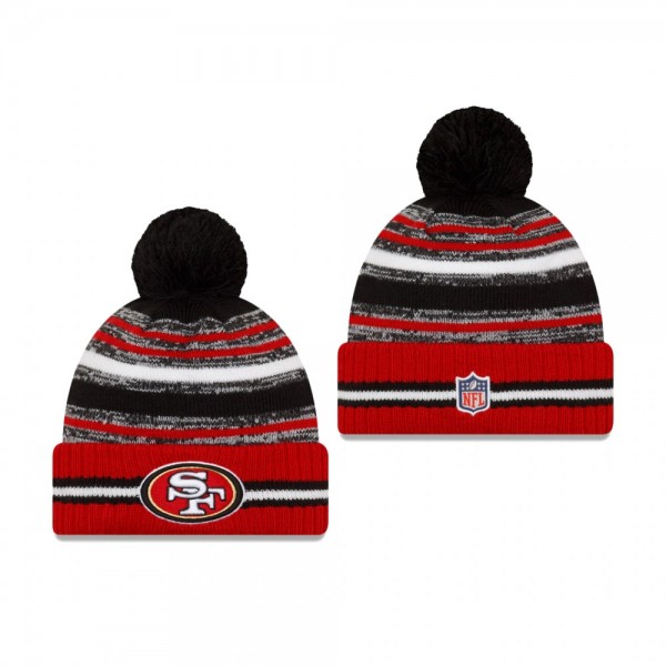 San Francisco 49ers Black Scarlet 2021 NFL Sideline Sport Pom Cuffed Knit Hat