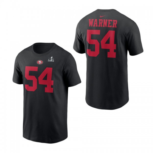Men's San Francisco 49ers Fred Warner Black Super Bowl LVIII Patch Player Name & Number T-Shirt