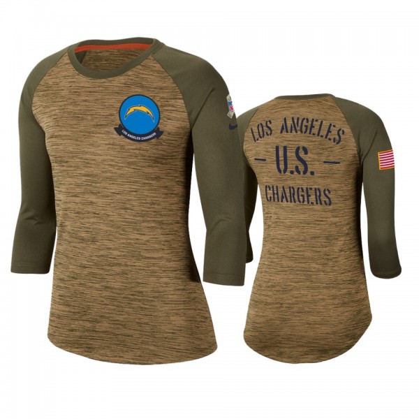 Women's Los Angeles Chargers Khaki 2019 Salute to Service Legend Scoopneck Raglan 3/4 Sleeve T-Shirt