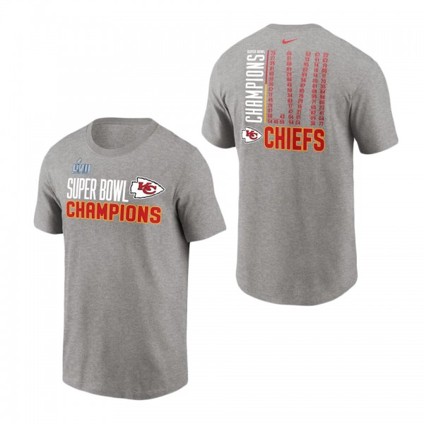Men's Kansas City Chiefs Heather Gray Super Bowl LVII Champions Roster T-Shirt