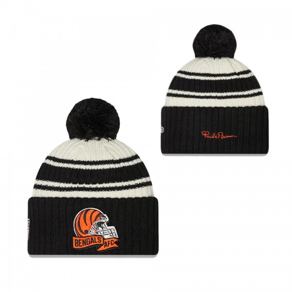 Men's Cincinnati Bengals Cream Black 2022 Sideline Sport Cuffed Pom Knit Hat