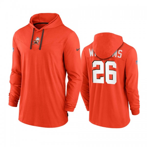 Men's Cleveland Browns Greedy Williams Orange Hoodie Tri-Blend Sideline Performance T-Shirt