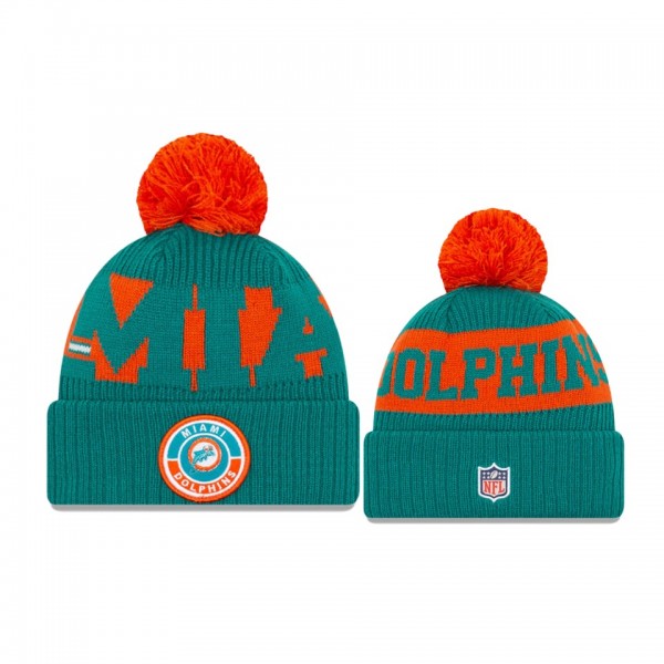 Miami Dolphins Aqua Orange 2020 NFL Sideline Official Historic Logo Sport Pom Cuffed Knit Hat