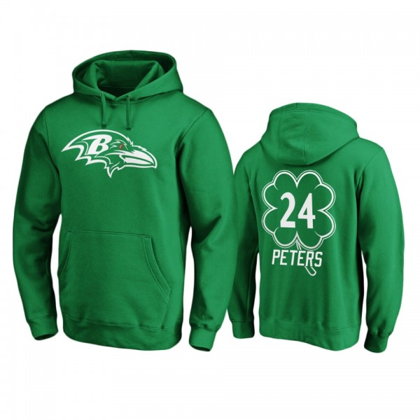 Men's Baltimore Ravens Marcus Peters Green St. Patrick's Day White Logo Pullover Hoodie
