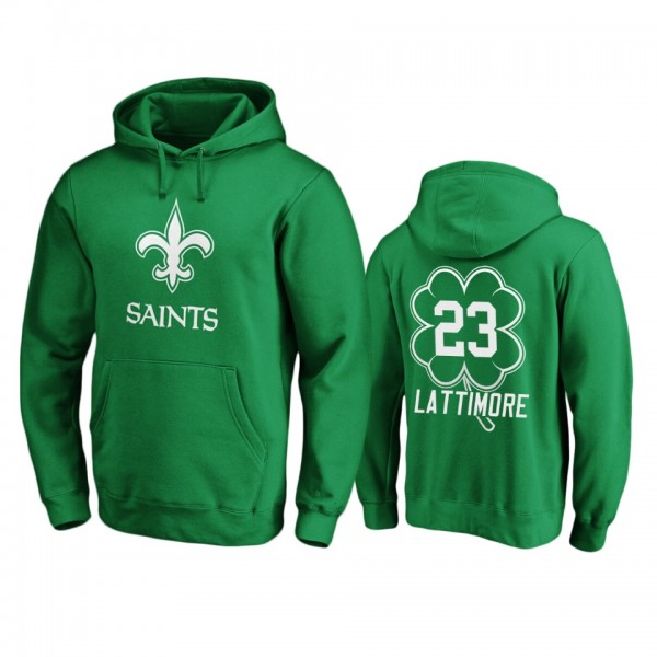 Men's New Orleans Saints Marshon Lattimore Green St. Patrick's Day White Logo Pullover Hoodie