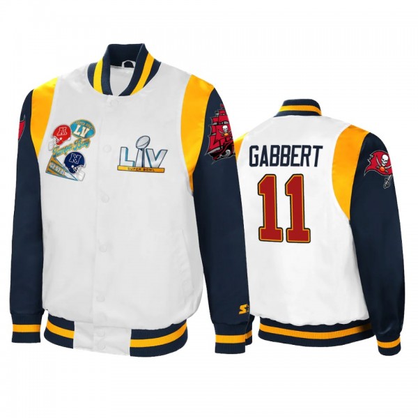 Tampa Bay Buccaneers Blaine Gabbert White Navy Super Bowl LV Varsity Satin Full-Snap Jacket