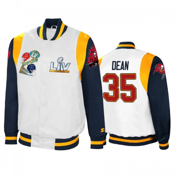 Tampa Bay Buccaneers Jamel Dean White Navy Super Bowl LV Varsity Satin Full-Snap Jacket