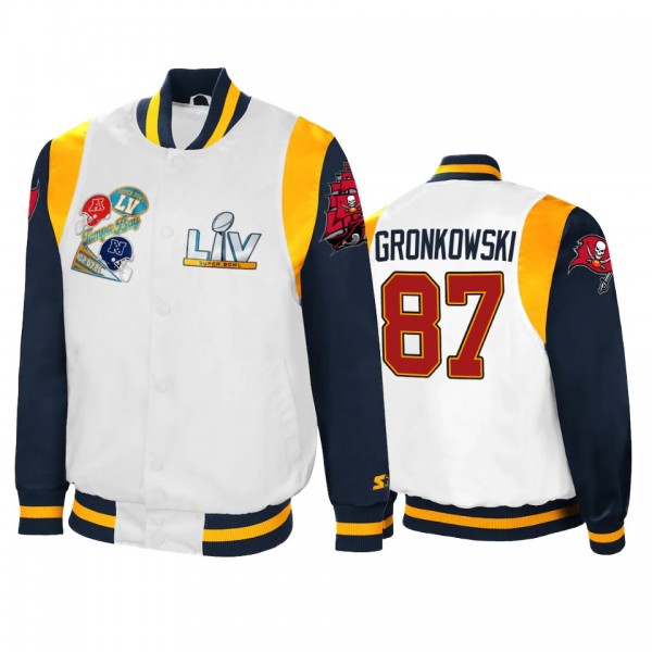 Tampa Bay Buccaneers Rob Gronkowski White Navy Super Bowl LV Varsity Satin Full-Snap Jacket