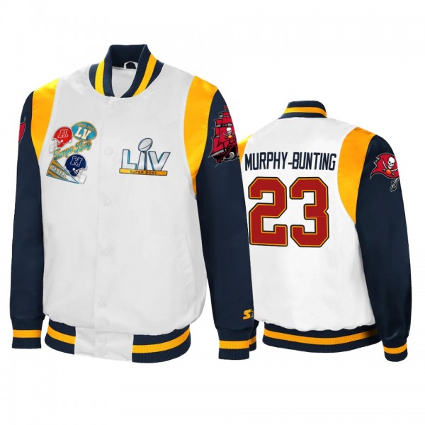 Tampa Bay Buccaneers Sean Murphy-Bunting White Navy Super Bowl LV Varsity Satin Full-Snap Jacket