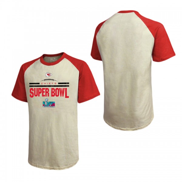 Men's Kansas City Chiefs Majestic Threads Cream Red Super Bowl LVII Goal Line Stand Raglan T-Shirt