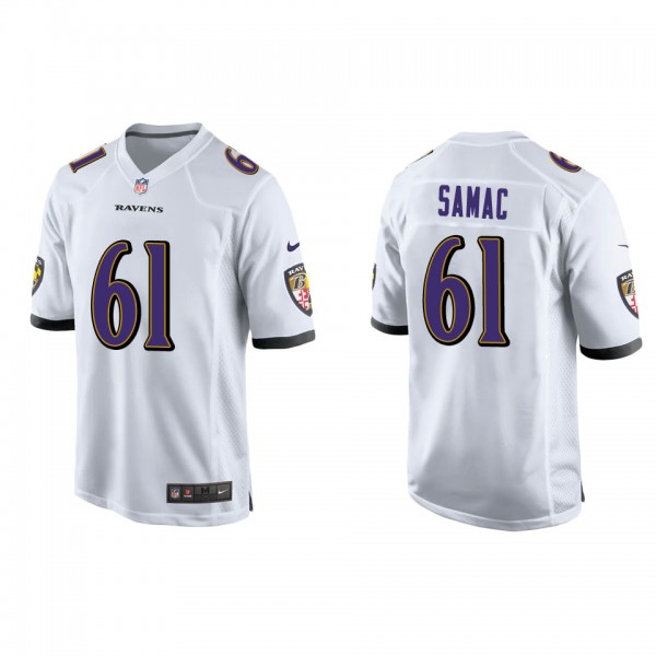 Men's Nick Samac Baltimore Ravens White Game Jerse...