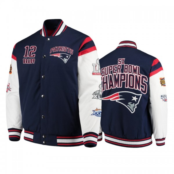 Patriots #12 Tom Brady Navy Team Cotton Canvas Varsity Super Bowl Champions Jacket - Men's