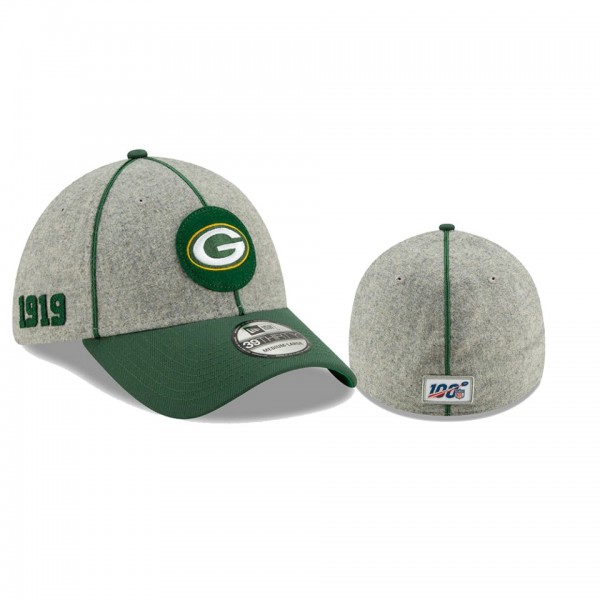 Green Bay Packers Heather Gray Green 2019 NFL Sideline Home 1920s 39THIRTY Flex Hat