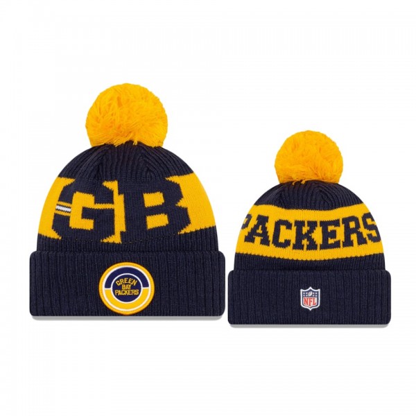 Green Bay Packers Navy Gold 2020 NFL Sideline Official Historic Logo Sport Pom Cuffed Knit Hat