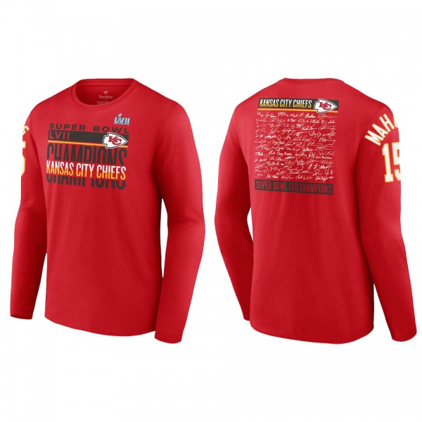 Patrick Mahomes Kansas City Chiefs Red Super Bowl LVII Champions Signature Roster Long Sleeve T-Shirt