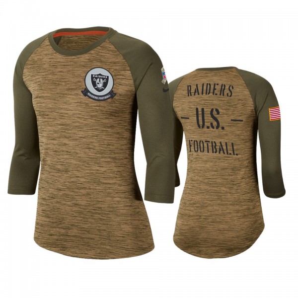 Women's Oakland Raiders Khaki 2019 Salute to Service Legend Scoopneck Raglan 3/4 Sleeve T-Shirt