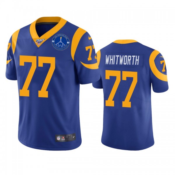 Los Angeles Rams Andrew Whitworth Royal 100th Season L.A. Coliseum Patch Jersey
