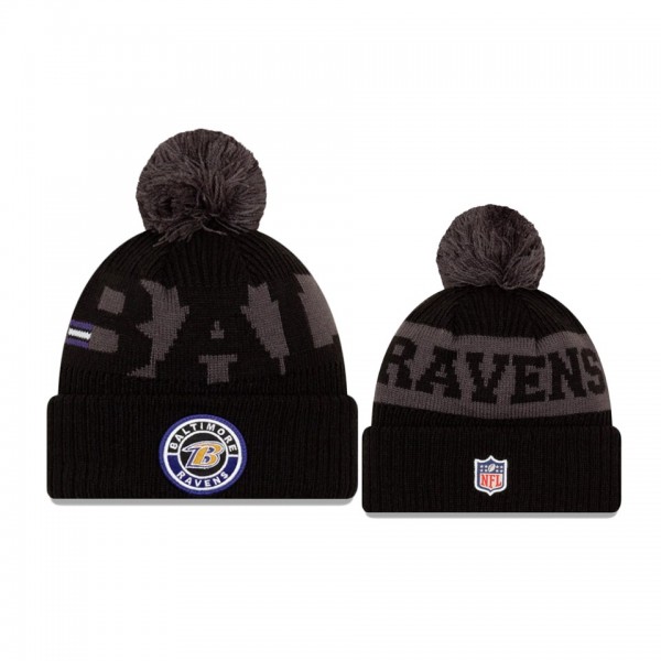 Baltimore Ravens Black Graphite 2020 NFL Sideline Official Sport Pom Cuffed Knit Hat