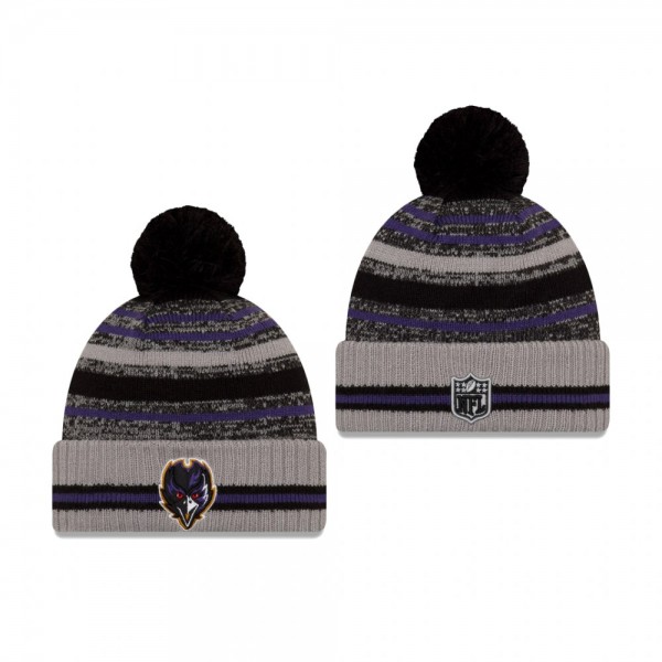 Baltimore Ravens Gray 2021 NFL Sideline Sport Pom Cuffed Knit Hat
