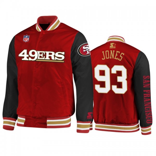 49ers #93 D.J. Jones Red Satin Full Snap Jacket - ...