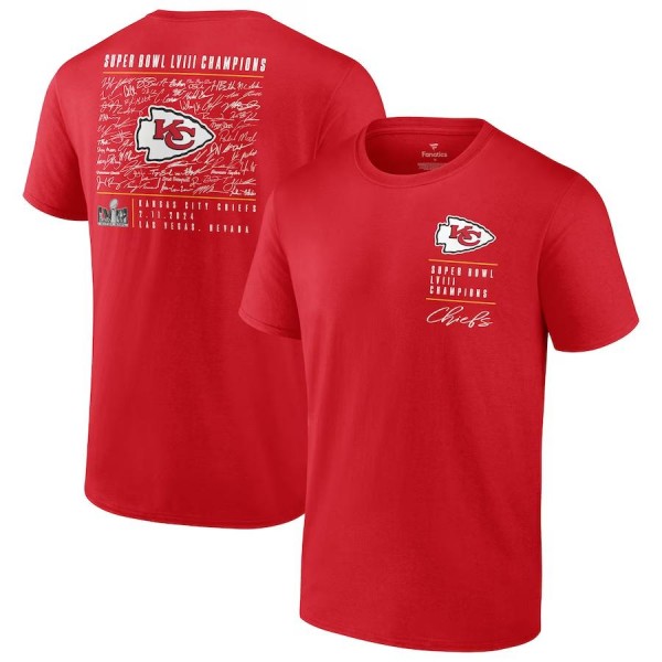 Men's Kansas City Chiefs Red Super Bowl LVIII Champions Roster Autograph Signing T-Shirt