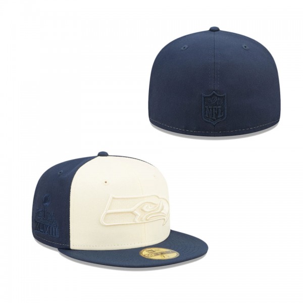Seattle Seahawks Cream College Navy Tonal Super Bowl XLVIII Side Patch 59FIFTY Fitted Hat