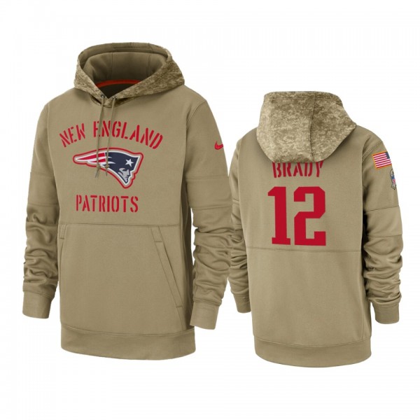 New England Patriots Tom Brady Tan 2019 Salute to Service Sideline Therma Pullover Hoodie