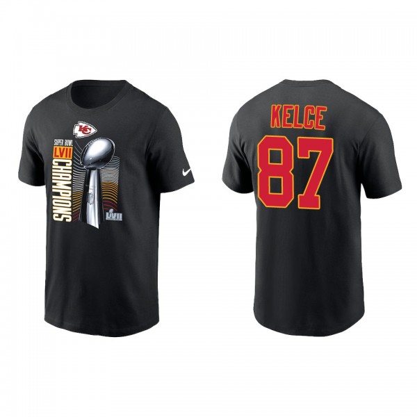 Travis Kelce Kansas City Chiefs Black Super Bowl LVII Champions Lombardi Trophy T-Shirt
