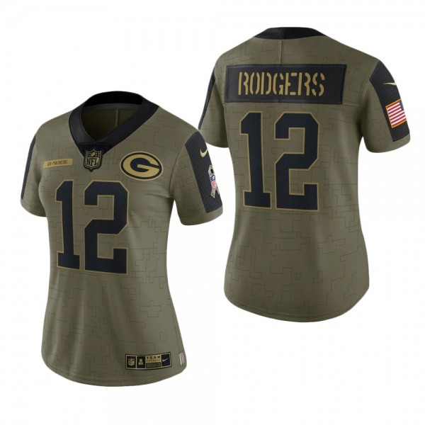 Women's Green Bay Packers Aaron Rodgers Olive 2021 Salute To Service Limited Jersey