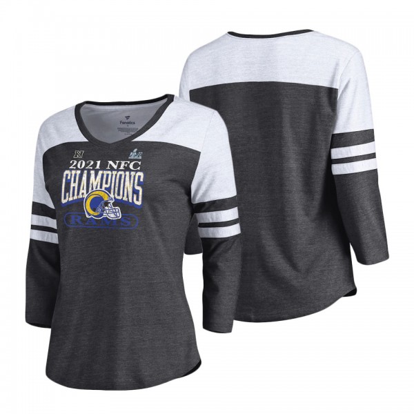 Women's Los Angeles Rams Fanatics Branded Heathered Charcoal Super Bowl LVI Bound Classic Play Stripe 3-4-Sleeve Scoop Neck T-Shirt