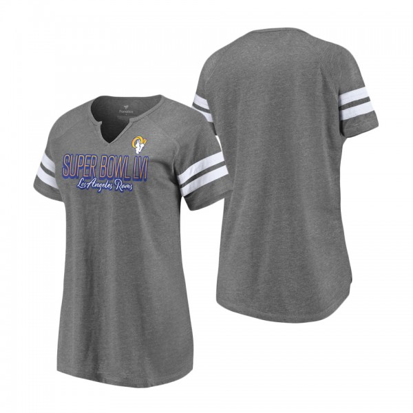 Women's Los Angeles Rams Fanatics Branded Heathered Charcoal Super Bowl LVI Bound Fade Script Stripe Notch Neck T-Shirt