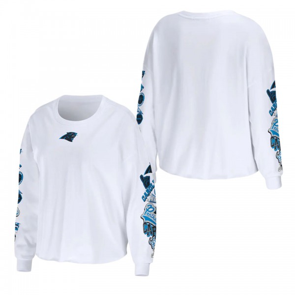 Women's Carolina Panthers WEAR by Erin Andrews White Celebration Cropped Long Sleeve T-Shirt
