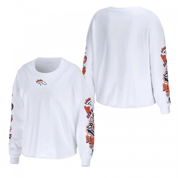 Women's Denver Broncos WEAR by Erin Andrews White Celebration Cropped Long Sleeve T-Shirt