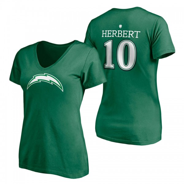 Women's Los Angeles Chargers Justin Herbert Kelly Green St. Patrick's Day Player Icon V-Neck T-Shirt