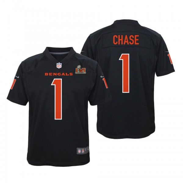 Youth Cincinnati Bengals Ja'Marr Chase Nike Black Super Bowl LVI Bound Game Patch Fashion Jersey