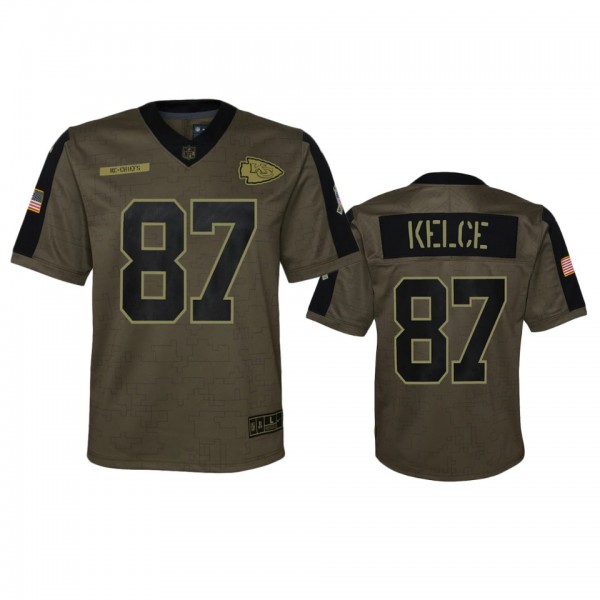 Youth Kansas City Chiefs Travis Kelce Olive 2021 Salute To Service Game Jersey