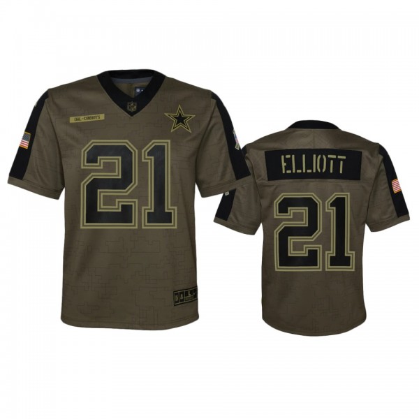 Youth Dallas Cowboys Ezekiel Elliott Olive 2021 Salute To Service Game Jersey