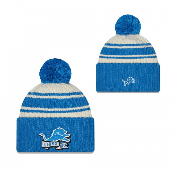 Youth Detroit Lions Cream Blue 2022 Sideline Sport Cuffed Pom Knit Hat