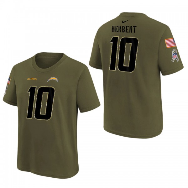 Youth Los Angeles Chargers Justin Herbert Olive 2022 Salute To Service Name & Number T-Shirt
