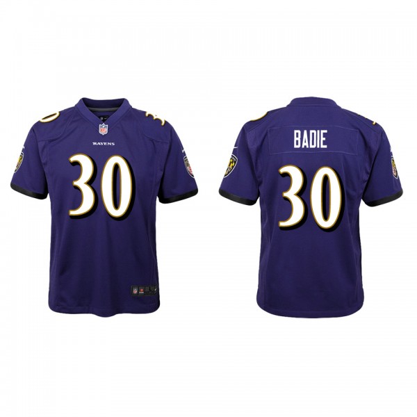 Youth Baltimore Ravens Tyler Badie Purple Game Jer...